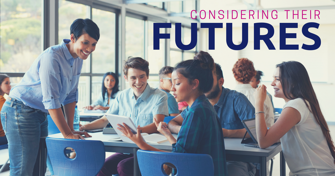 A group of students talking and the words, "Considering Their Futures"