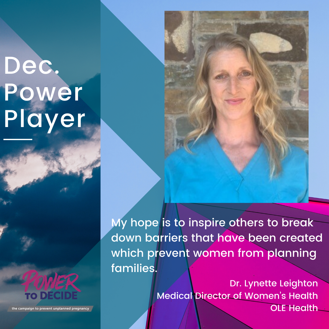 Headshot of Leighton and a quote that reads,"My hope is to inspire others to break down barriers that have been created which prevent women from planning families."