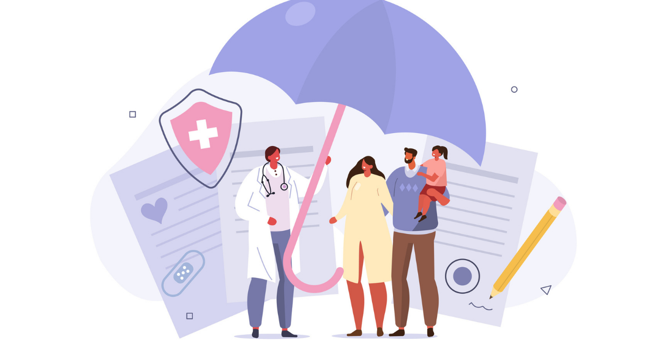 A drawing of a doctor holding an umbrella over a family with medical bills and paperwork looming behind them. 