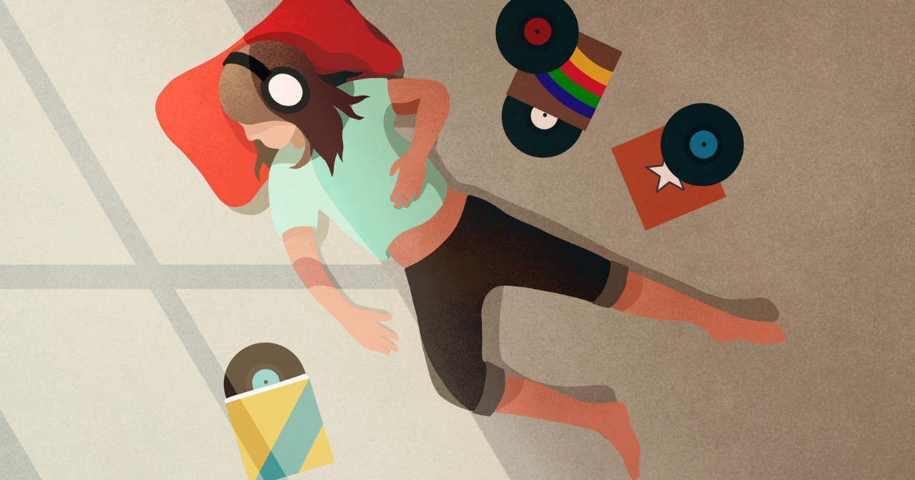 An illustration of a girl laying on a pillow and listening to records. 