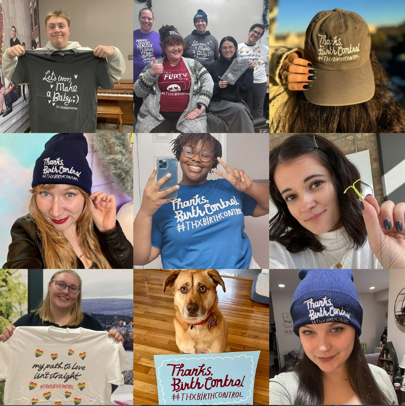 A collage of 9 photos of people saying #ThxBirthControl.