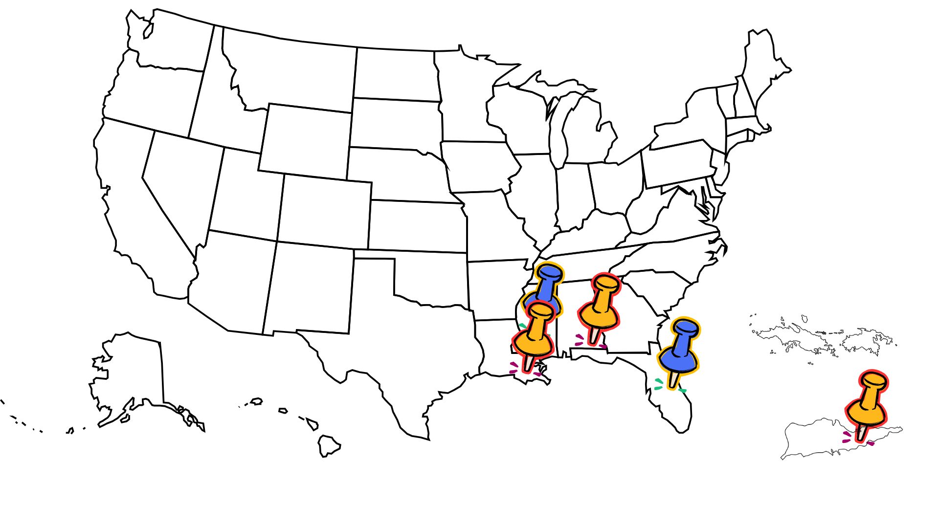 Map of the US with pins where the Beyond the Sheets program campuses are
