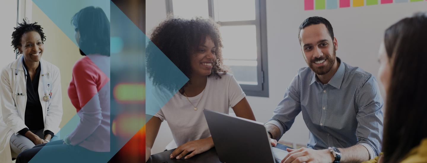 a patient and provider talk and three people have a meeting