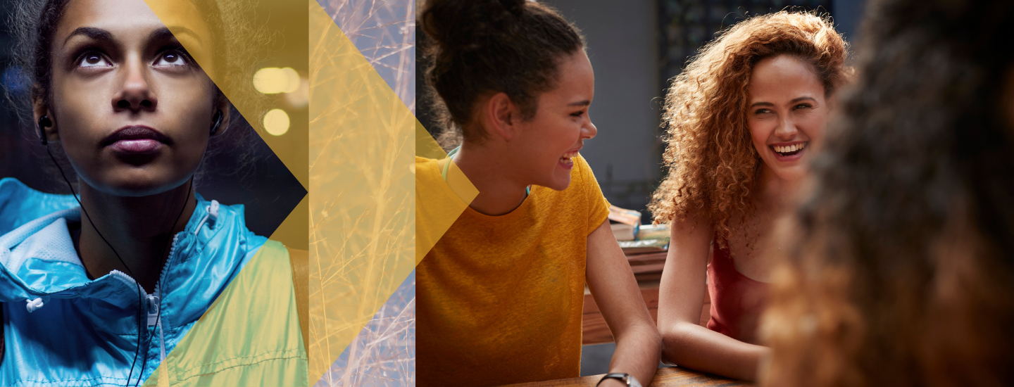 A woman looks empowered and a group of woman chat around a table