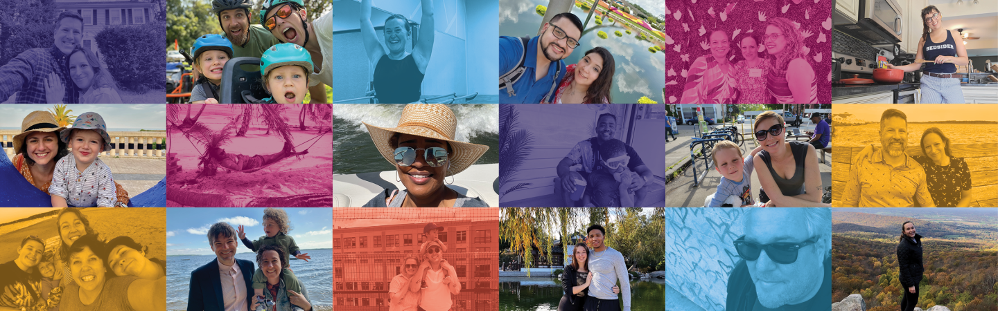 A multicolored image of various staff members with family and doing activities they love.