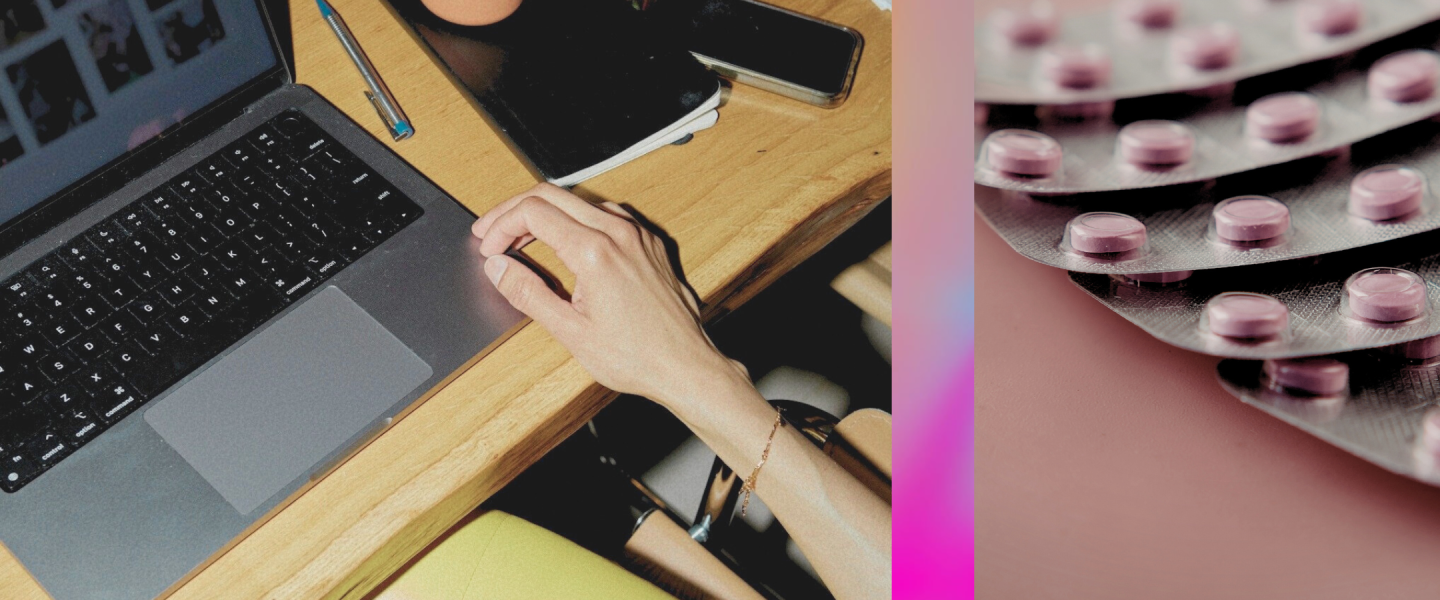 close up of desk with lap top and to the right a birth control pill pack