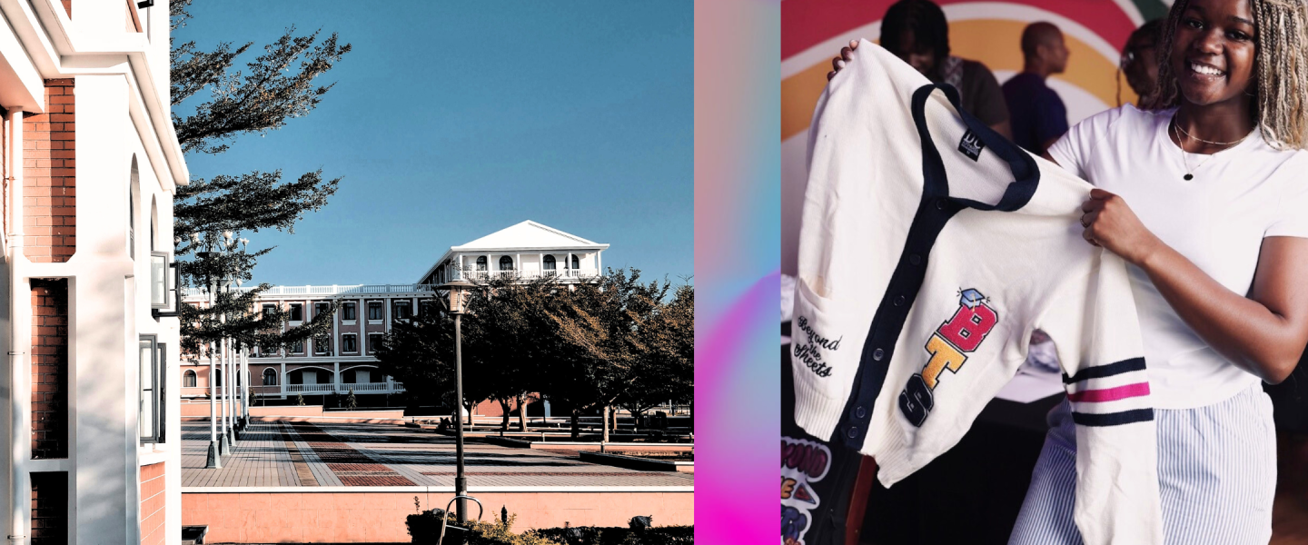 college campus with students