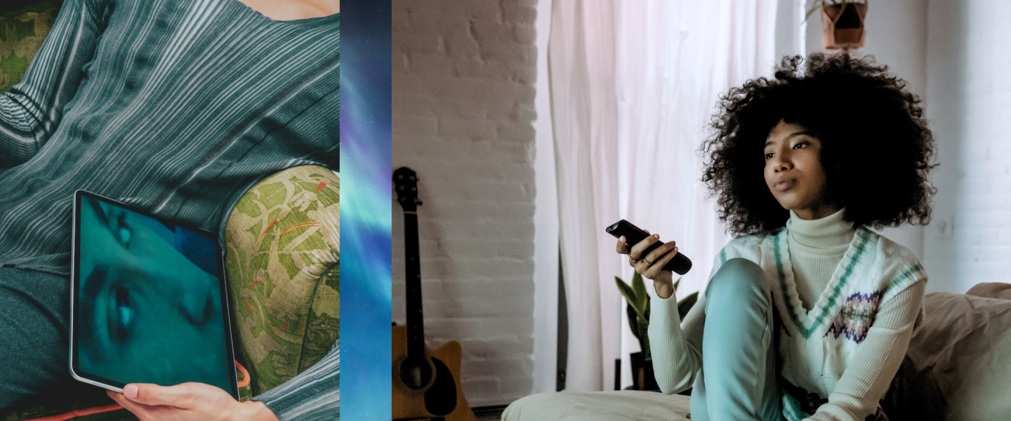 person lounging on coach watching tv on iPad , to the right a young female changing channels on tv with remote