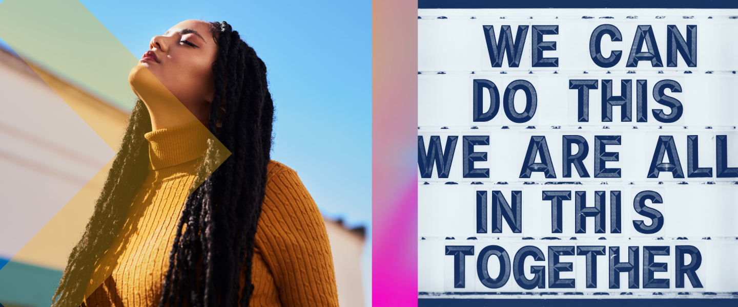 a young black female looking towards the sky with hope and sign that says "We can do this, We are all in this together".