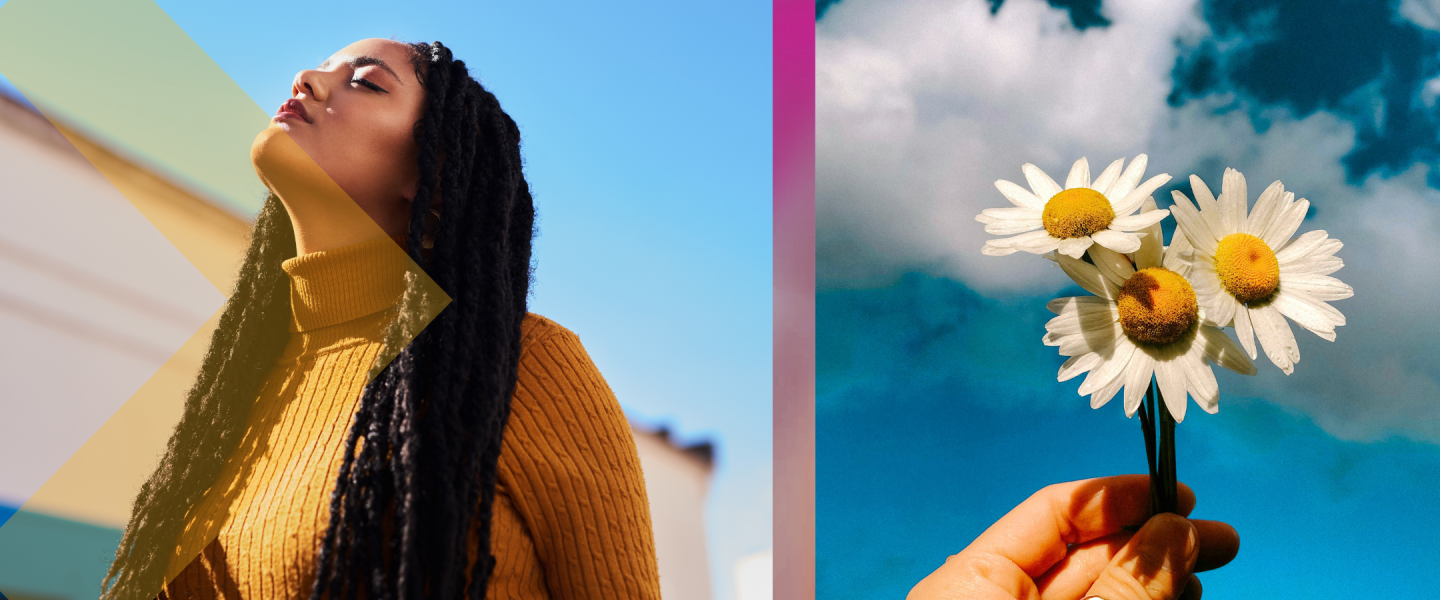 Black female looking towards the sky in hope and image of sunflowers on the right