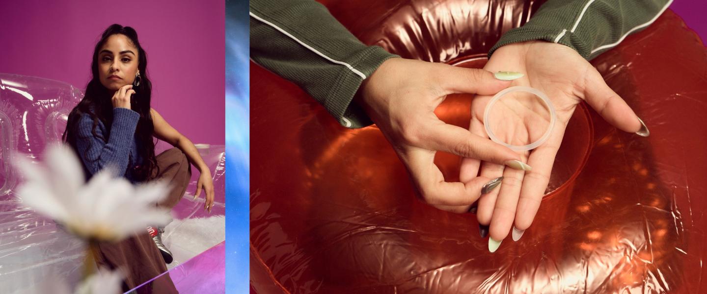 latina woman sitting and hand with o-ring