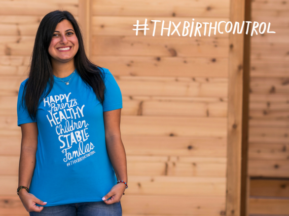 A woman wearing a thanks, birth control shirt