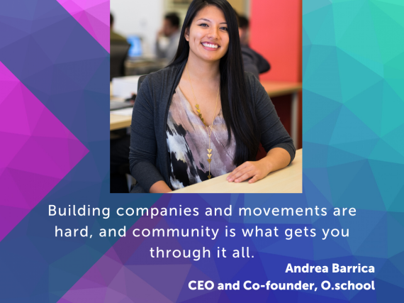 A photo of Barrica and a quote from the interview, "Building companies and movements are hard, and community is what gets you through it all."