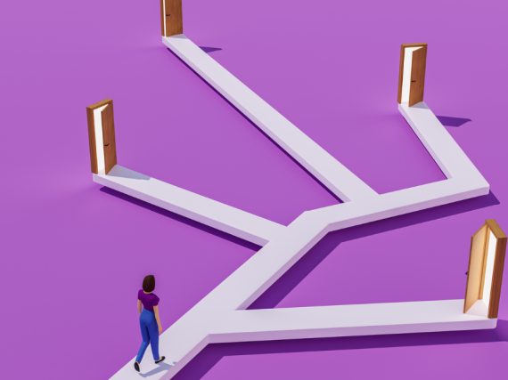 An illustration of a woman walking a route with many paths in front of her to choose from. 