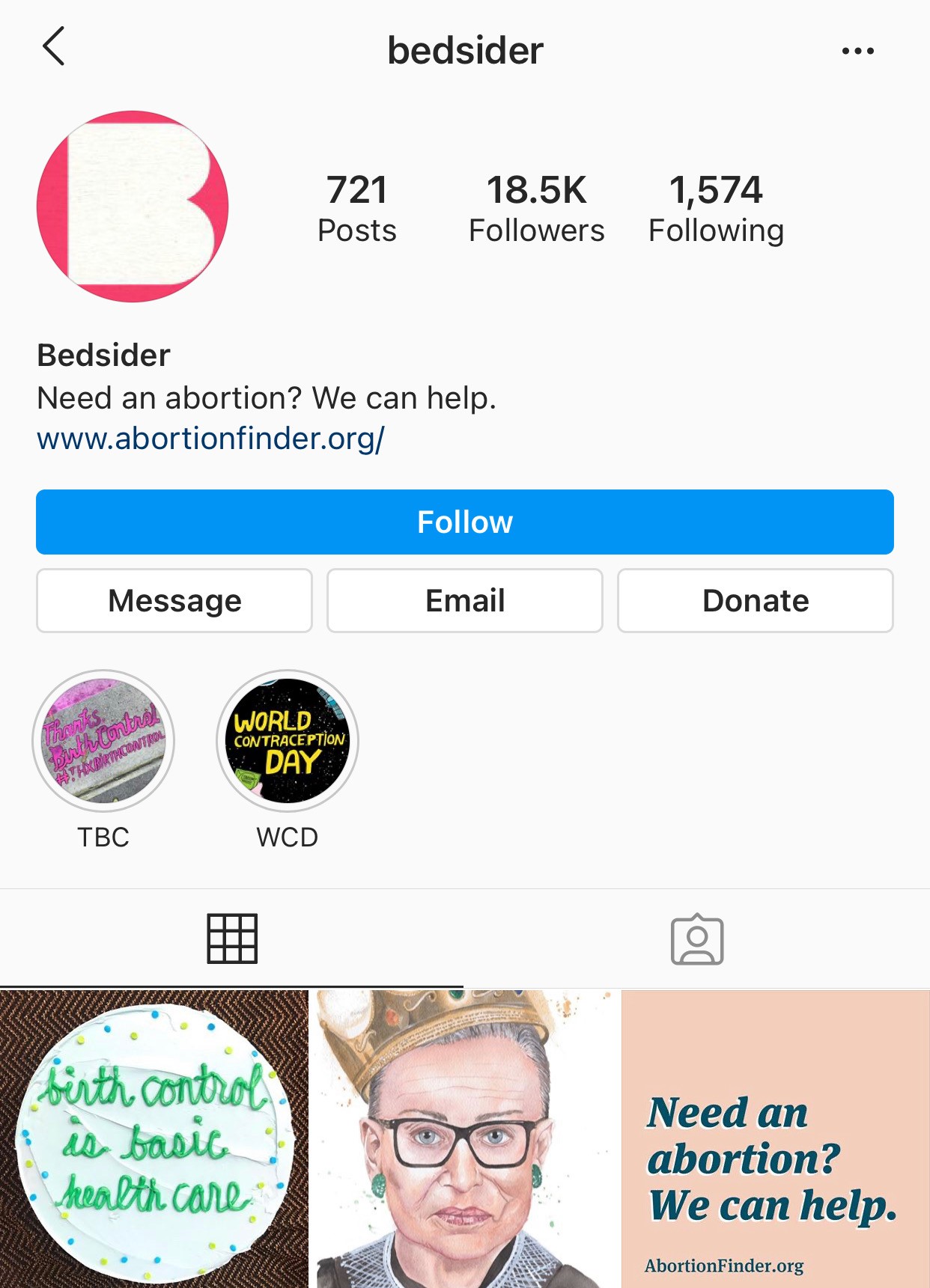 A screenshot of the Bedsider's insta account. 