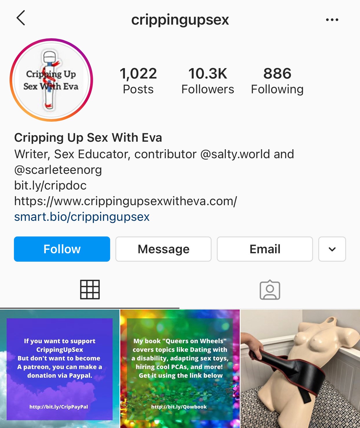 A screenshot of the crippingupsex insta account. 